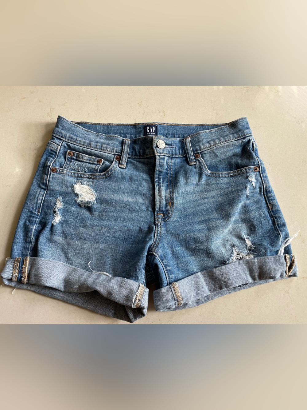 GAP Rolled-Hem Distressed Denim 5 inch Shorts